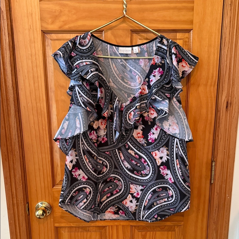 Bisou Bisou Black and Pink Paisley Ruffle Blouse